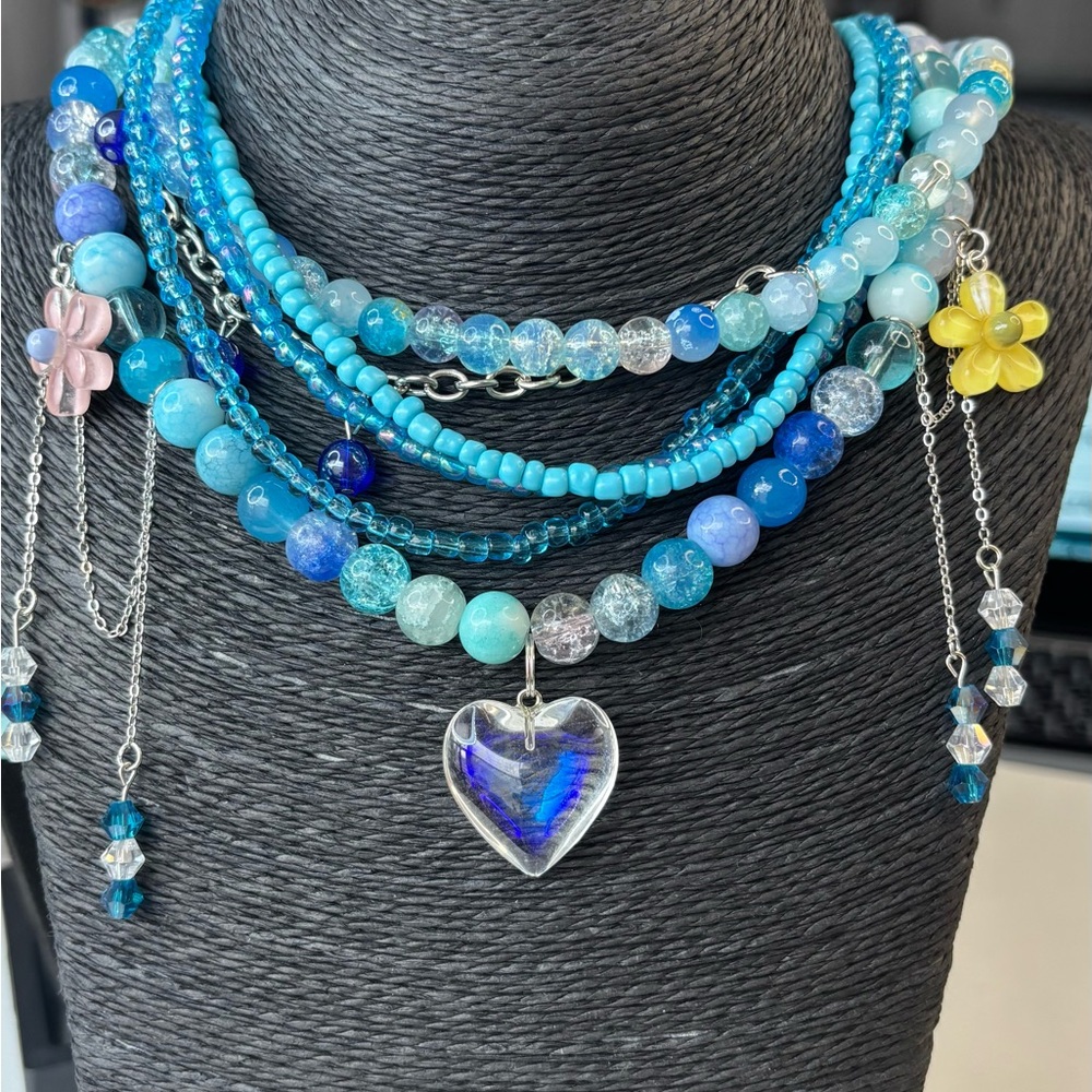Blue Multi-Strand Beaded Necklace with Heart Pendant
